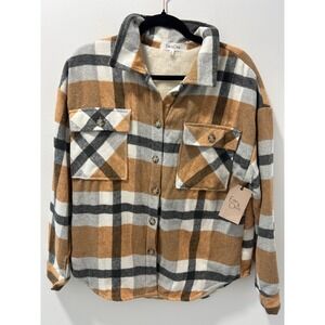 Eden & Olivia Womens Plaid Sherpa Lined Shacket Jacket Ivory Apricot Medium